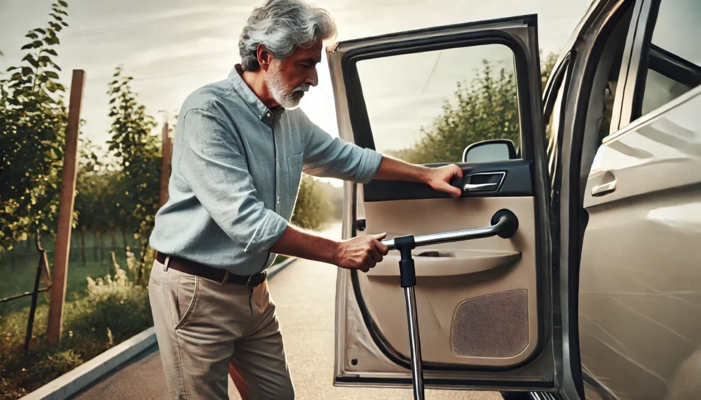 An older man using a Car Door Grab Bar as he opens the door of his car