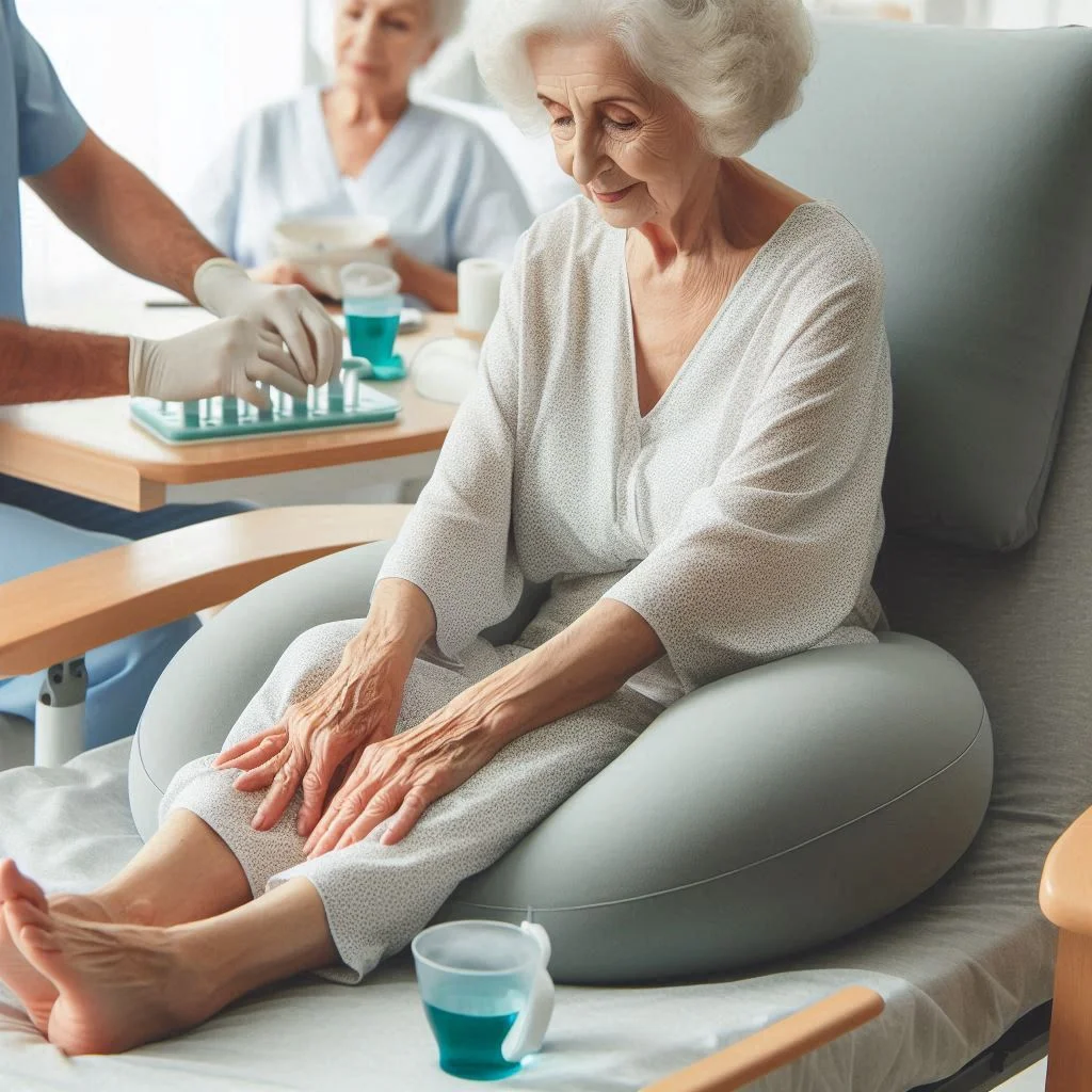 Elder woman sitting on a oval shaped medical gel sitting pillow