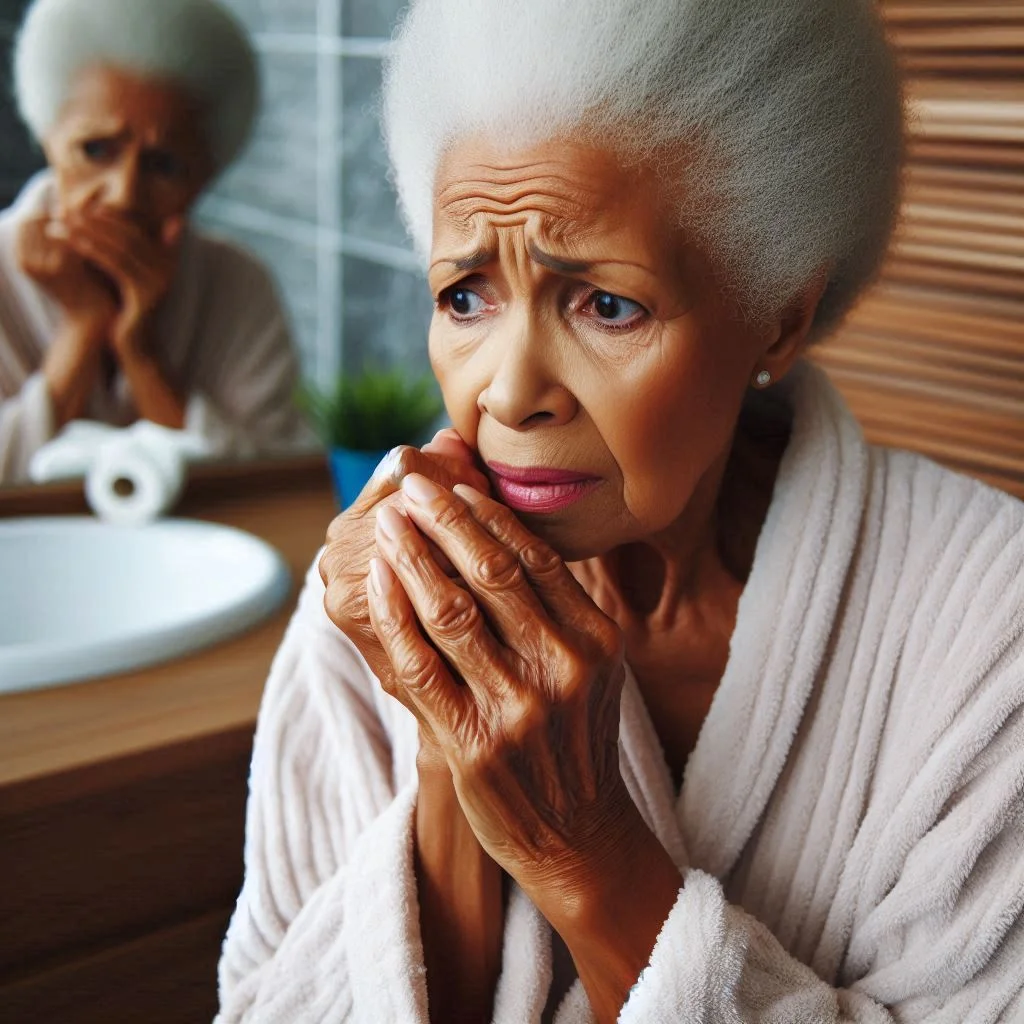 elder woman worried in bathroom