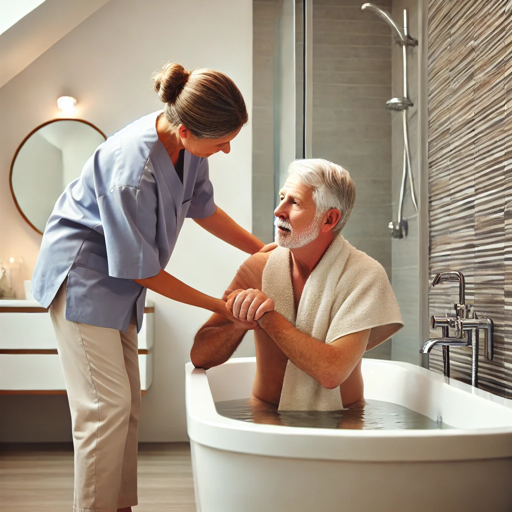 A caregiver helping an elderly man get up from a bathtub in a well-lit bathroom.