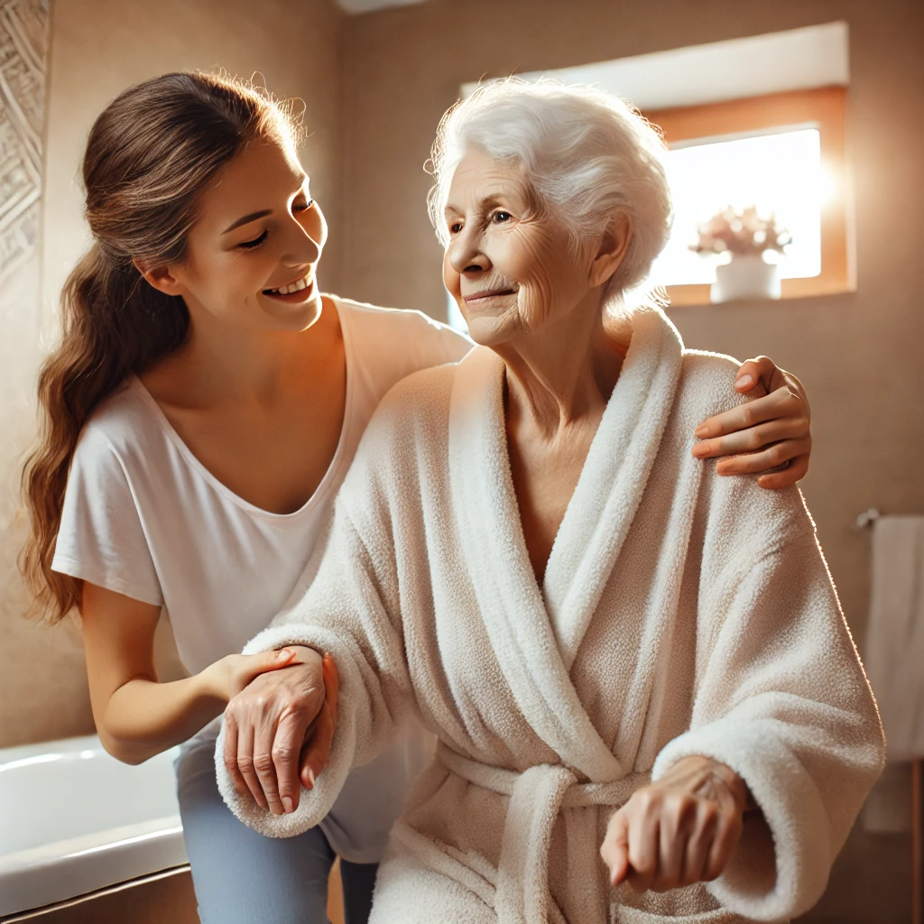 A caregiver helping an elderly woman get up from a bathtub in a cozy bathroom