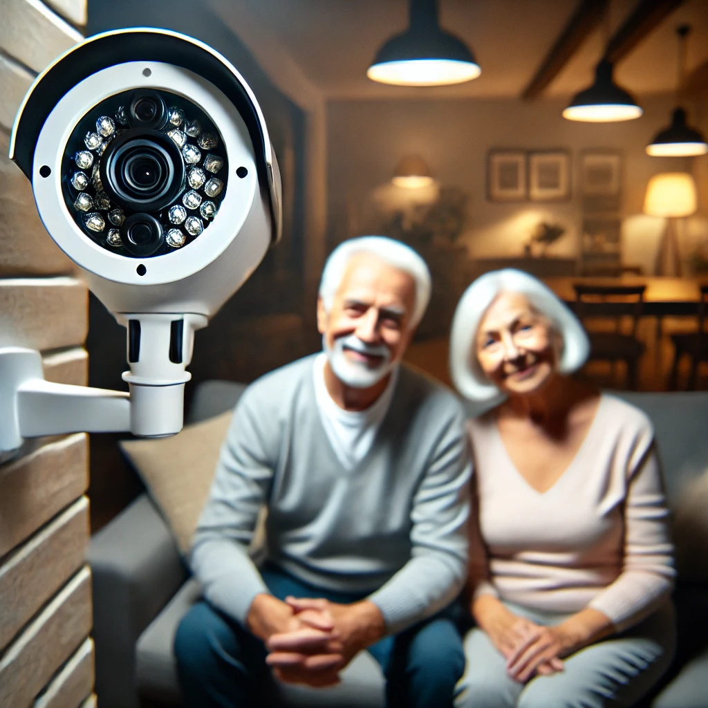 A security camera mounted on a wall in a cozy home setting