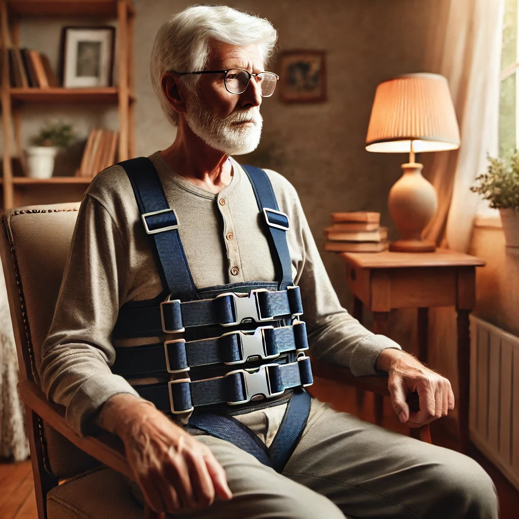 A senior man sitting in a cozy room, wearing a waist transfer belt with seven handles for gripping