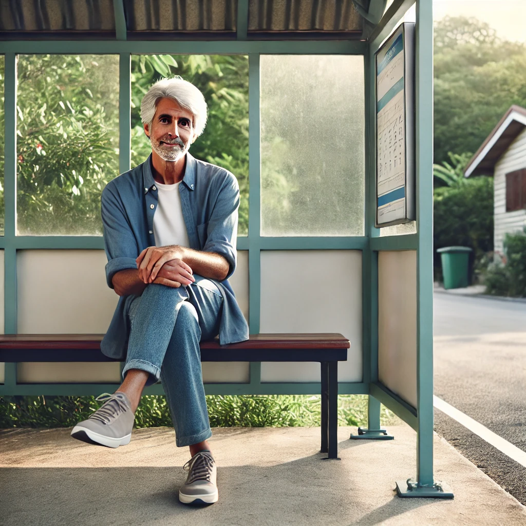 A senior person sitting on a bus stop seat, looking calm and relaxed