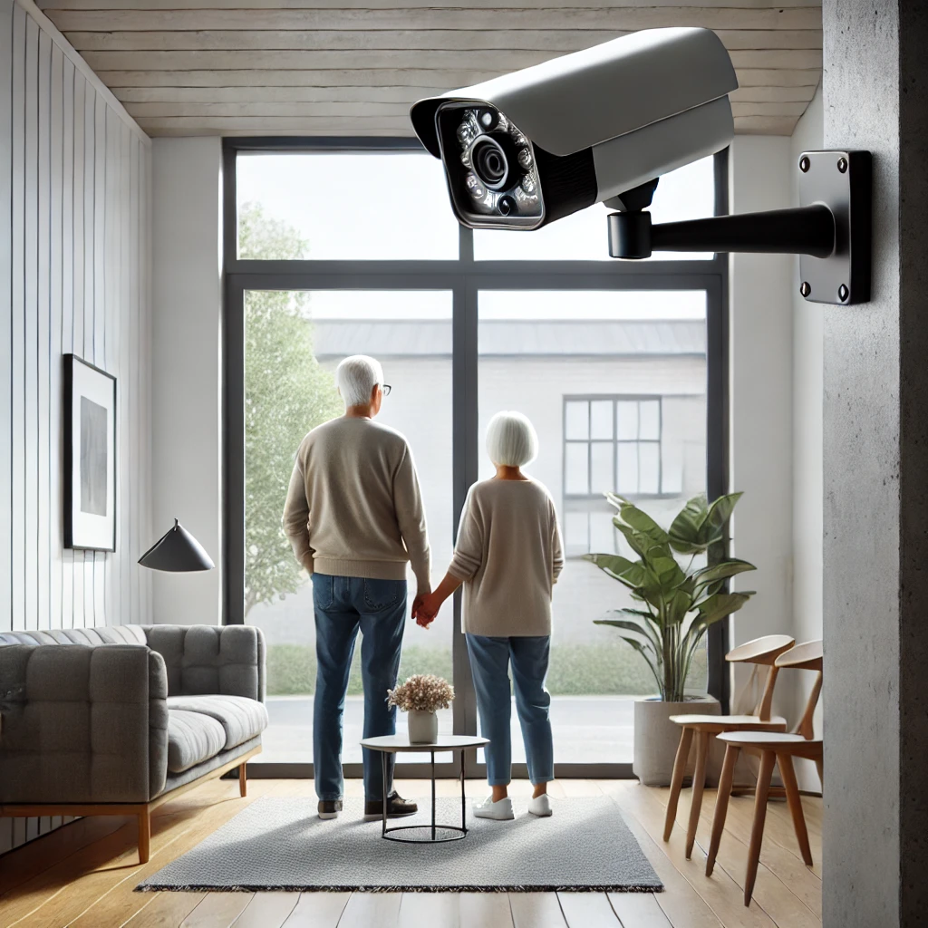 An elderly couple is standing near the window, looking at the security camera