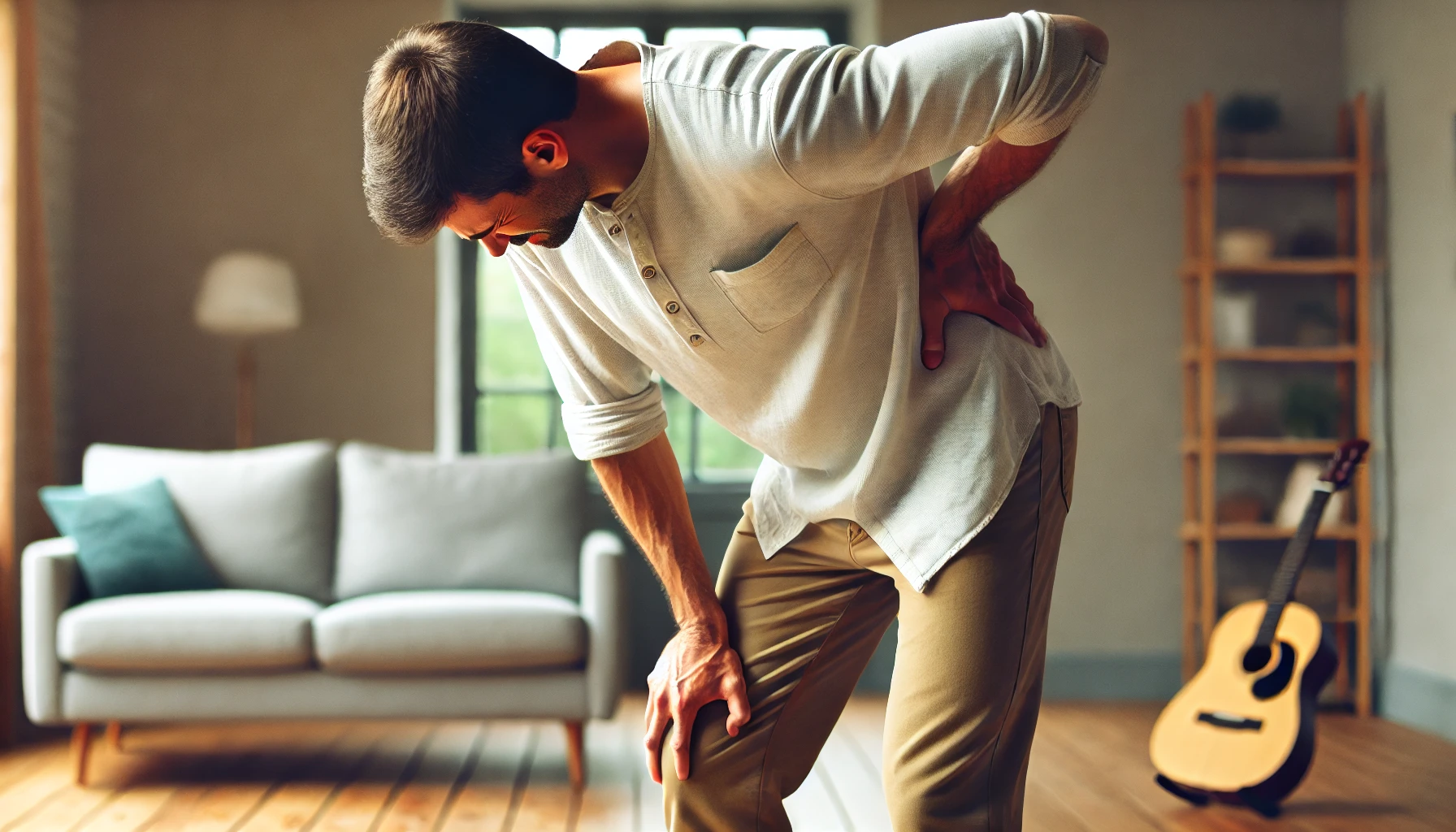 A man in his mid-30s feeling lower back pain as he tries to straighten up from a bent-over position