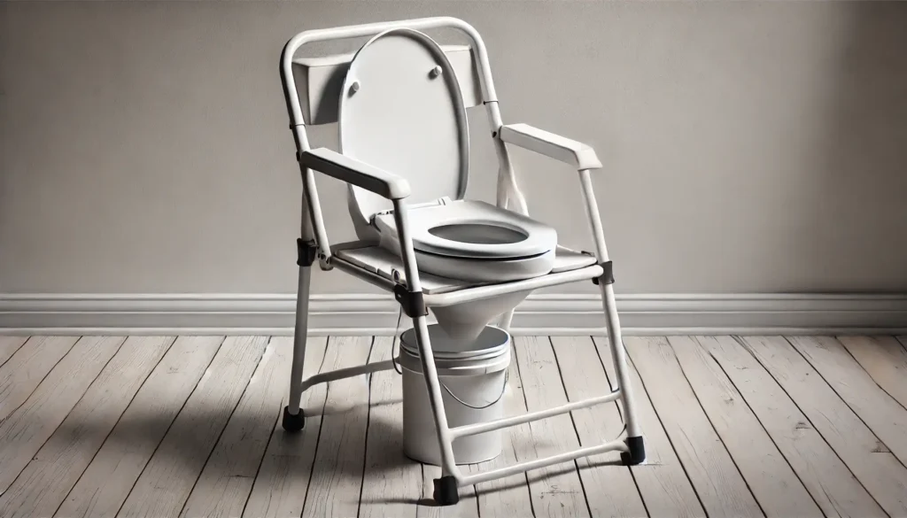 A portable toilet designed as a chair