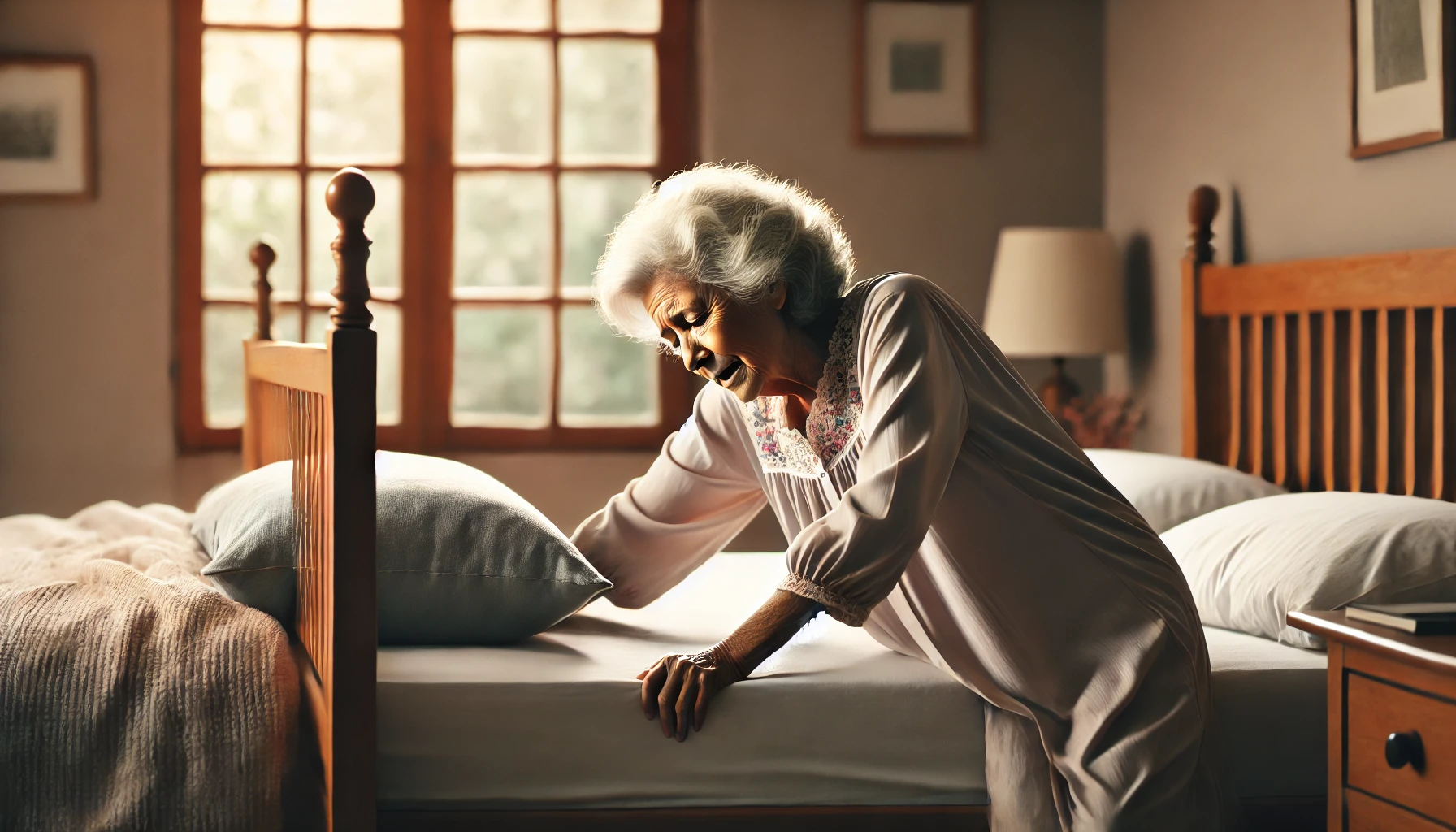 An elderly woman struggling to get out of bed