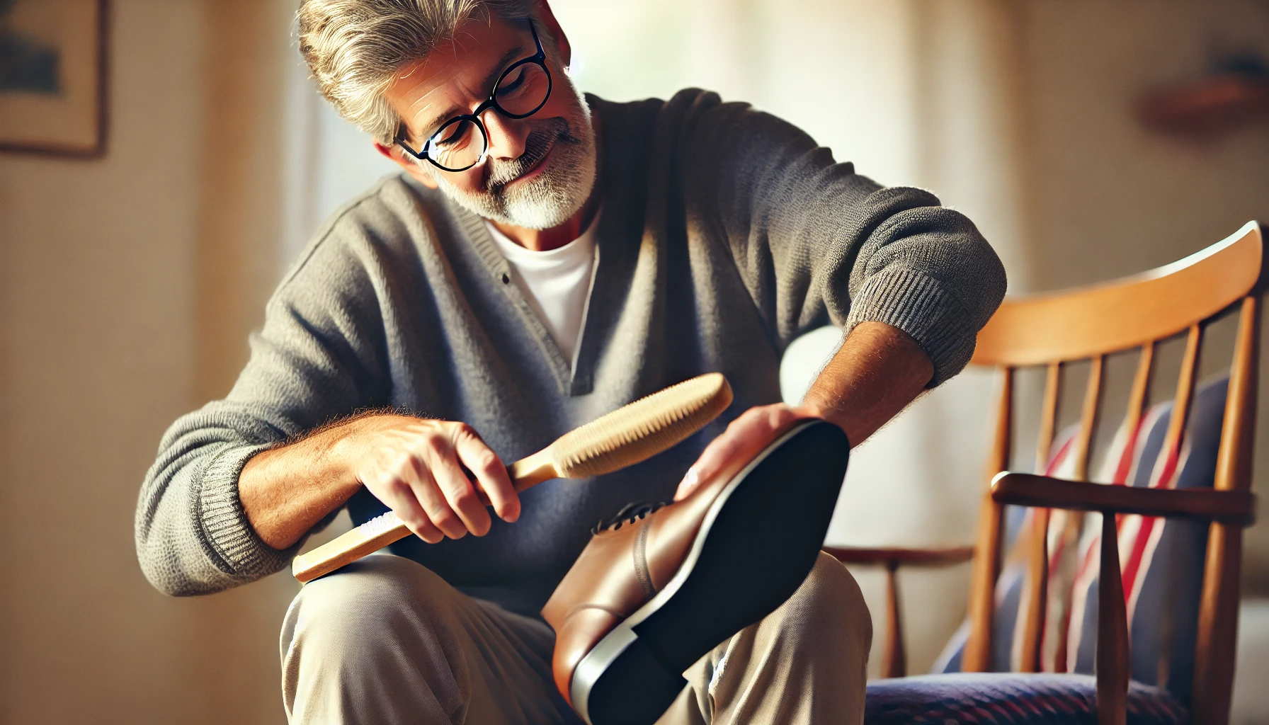 An older man sitting down while using a long-handled plastic shoehorn to put on his shoes