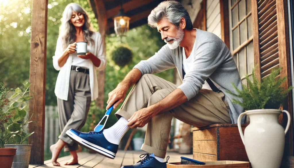 An older man sitting on his porch while using a long-handled blue plastic shoehorn to put on his shoes