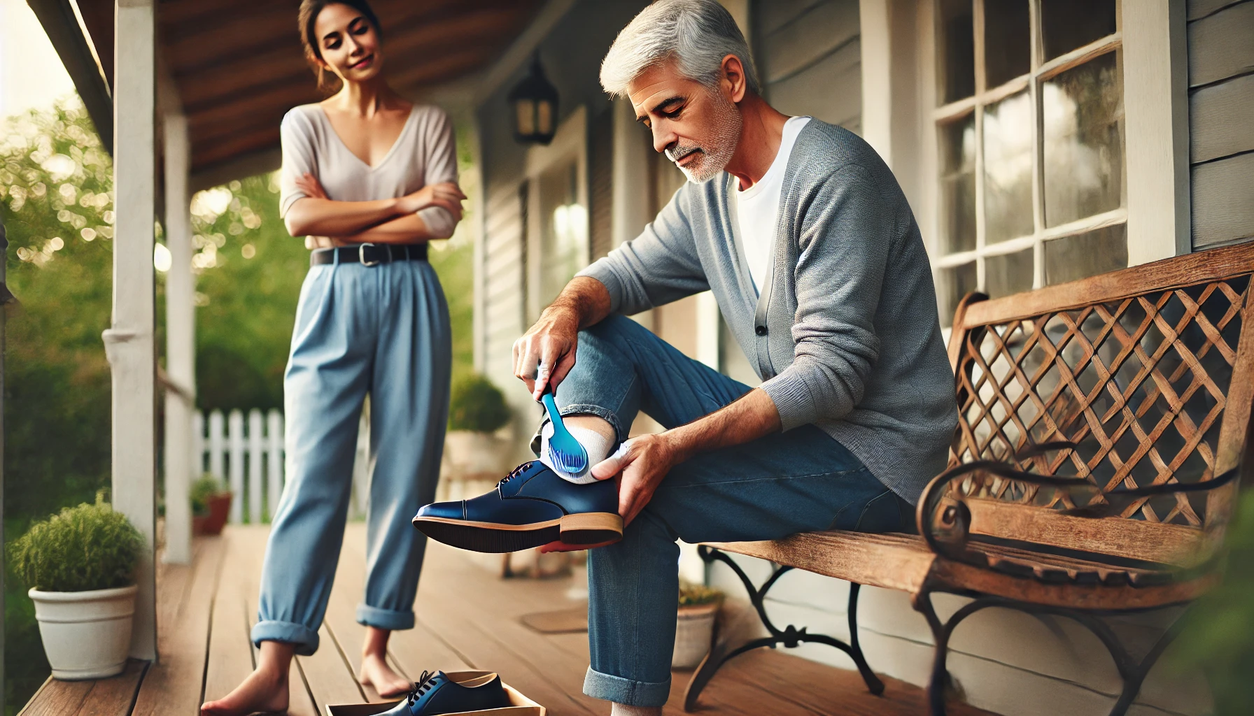 An older man sitting on his porch while using a long-handled blue plastic shoehorn