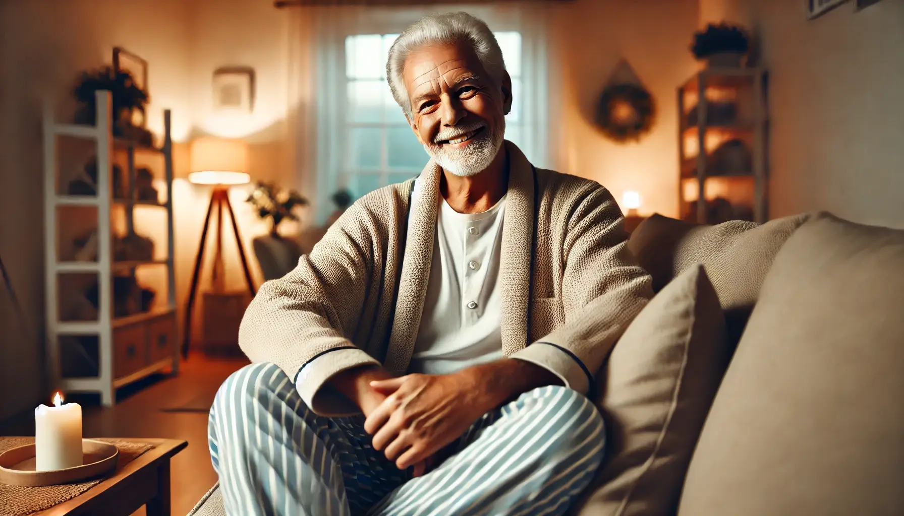 An elderly man sitting comfortably in his home, wearing a cozy pajama set