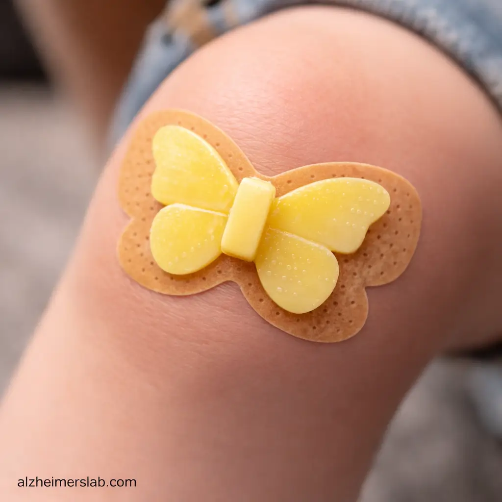 Butterfly-shaped bandage on knee