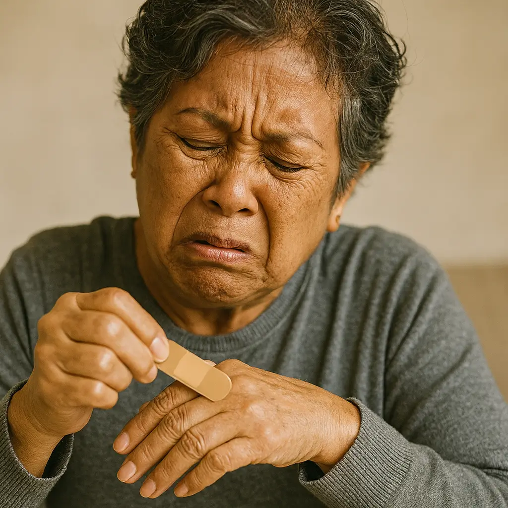 woman hurting as she applies bandage